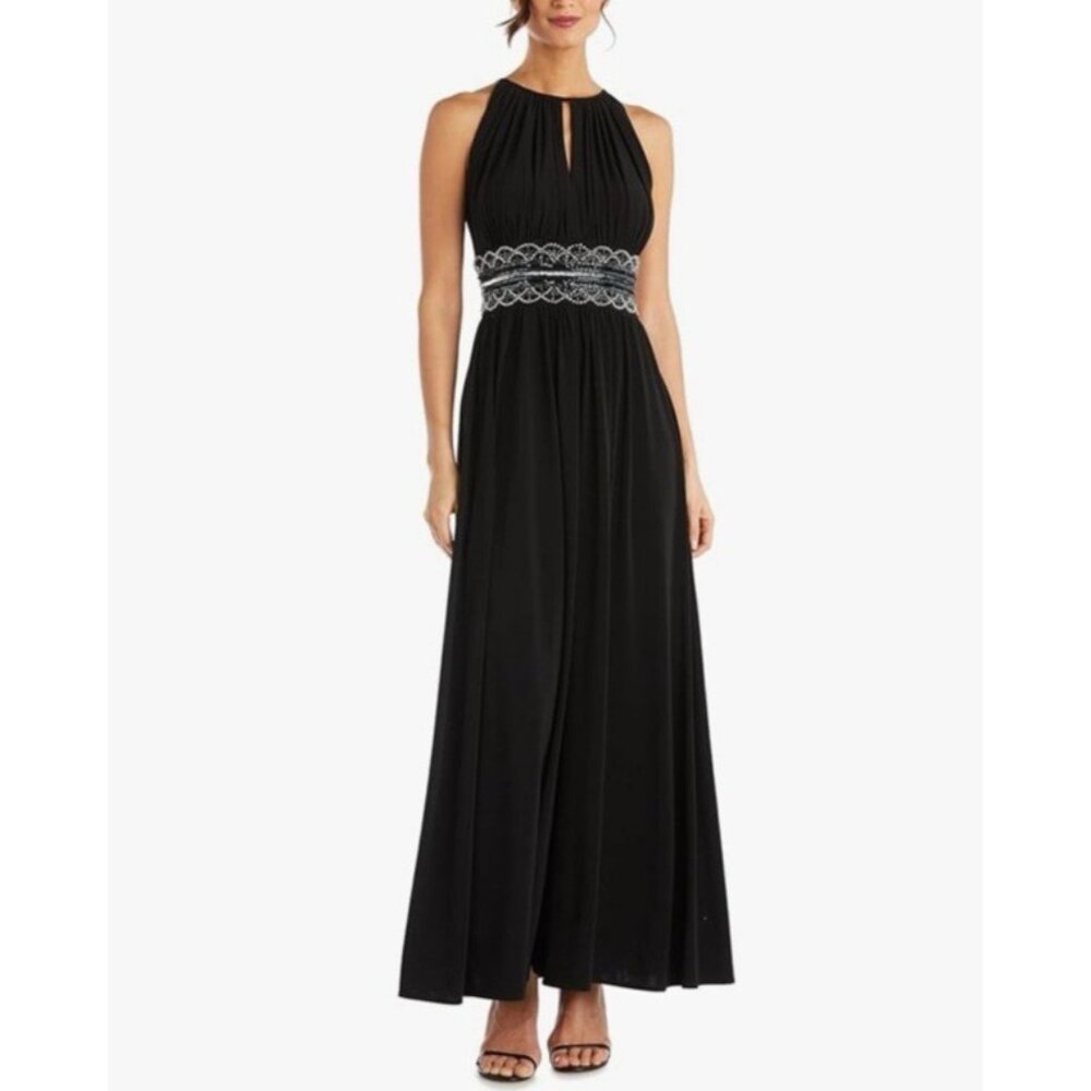 R&M Richards Formal Dress 14W Black Sequin Bead Stretch Cruise Party Wedding NEW